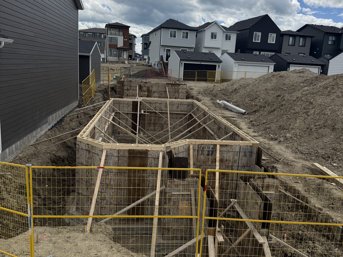 Foundation wall forms braced and ready for concrete